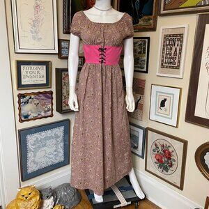 60s Vintage Pink and Black Floral Cotton Corset Waist Scoop Neck Peasant Dress